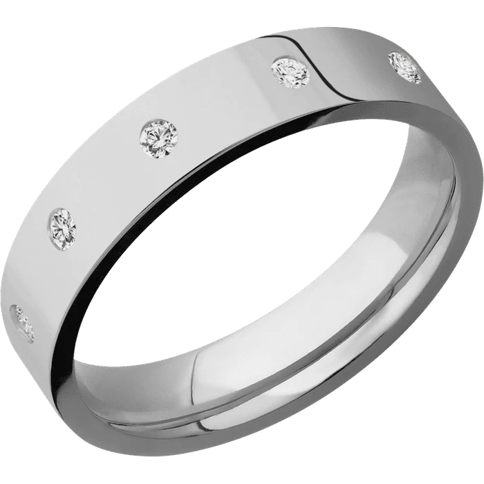5mm wide Flat Titanium Ring with Polish Finish / 5 Round .03 carat Standard Lab Grown Diamond Flush-Set Gemstones