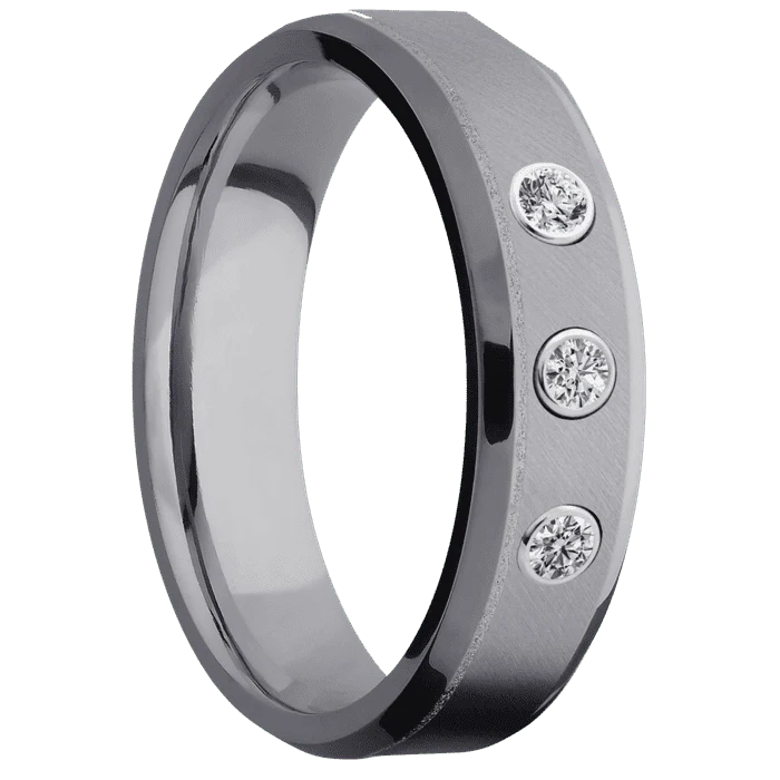 6mm wide Beveled Tantalum Ring with Angle Satin Finish / 3 Round .05 carat Lab Grown Diamond Bezel-Set Gemstones - Image 2