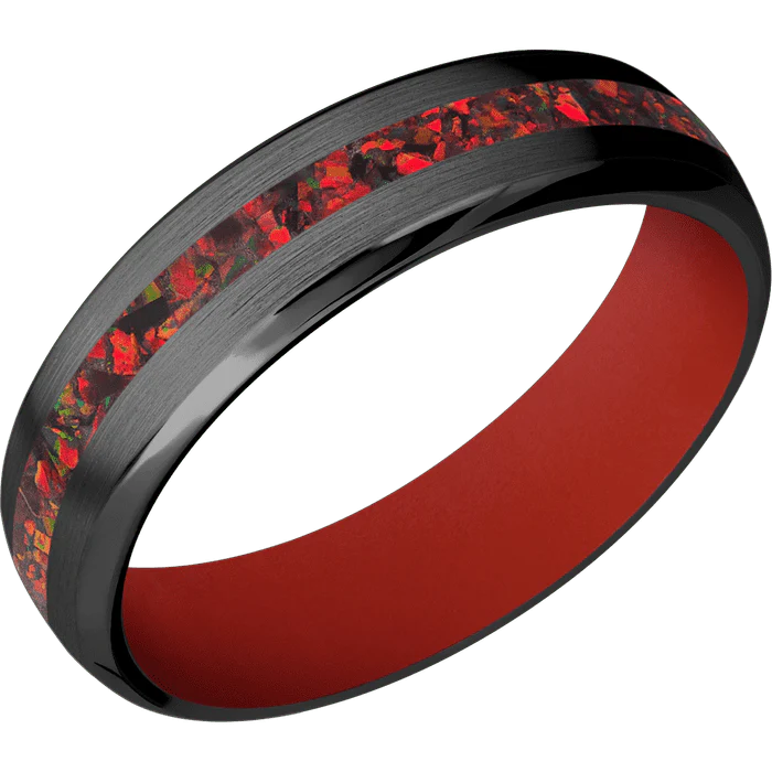6mm wide Domed Bevel Black Titanium Ring with Satin Finish / One 2mm Centered Ruby Red Opal Inlay / Red Apple Cerakote Sleeve
