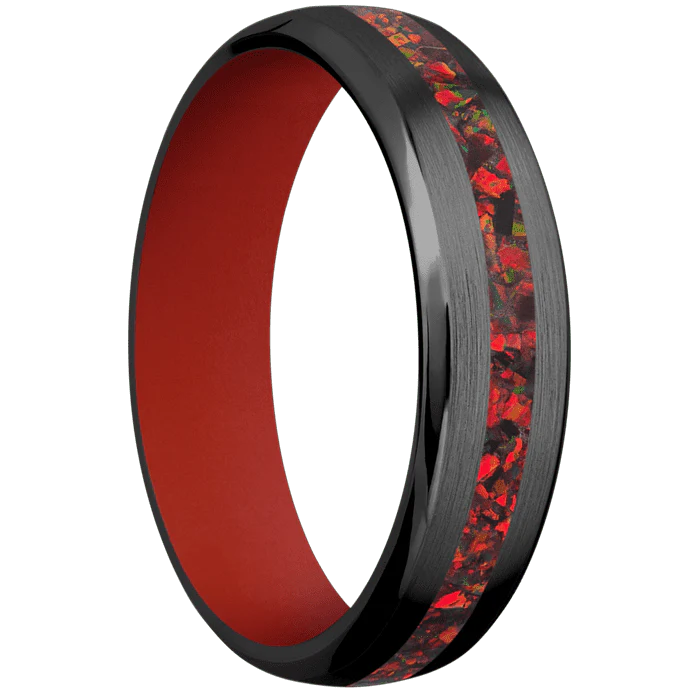 6mm wide Domed Bevel Black Titanium Ring with Satin Finish / One 2mm Centered Ruby Red Opal Inlay / Red Apple Cerakote Sleeve - Image 2