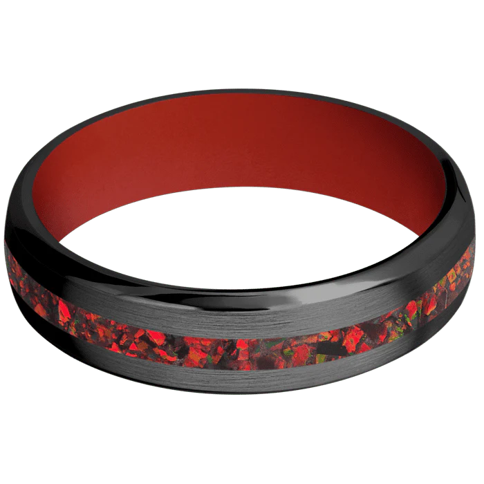 6mm wide Domed Bevel Black Titanium Ring with Satin Finish / One 2mm Centered Ruby Red Opal Inlay / Red Apple Cerakote Sleeve - Image 3