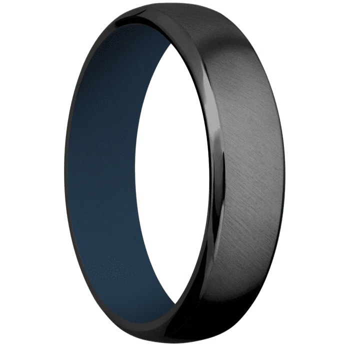 6mm wide Domed Bevel Black Zirconium Ring with Angle Satin Finish / Navy Blue Cerakote Sleeve - Image 2