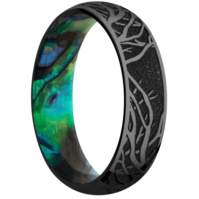 6mm wide Domed Black Titanium Ring with Polish Finish / Branches Design / Abalone Sleeve - Image 2