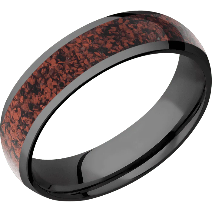 6mm wide Domed Black Titanium Ring with Polish Finish / One 4mm Centered Red Dinosaur Bone Inlay