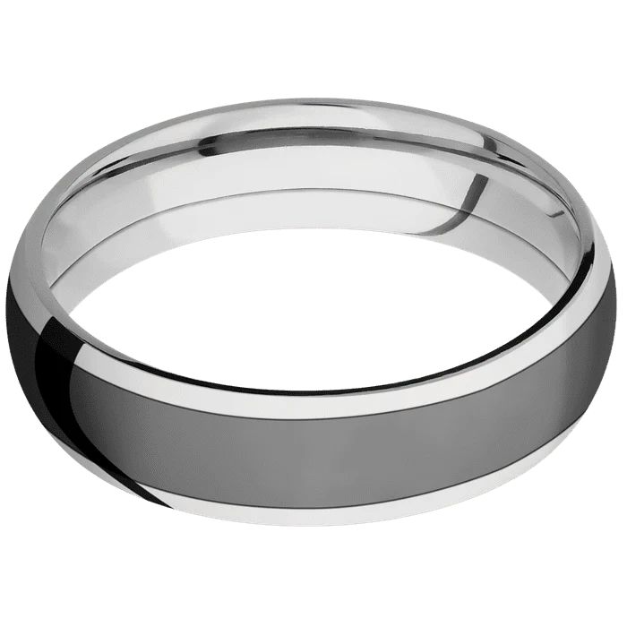 6mm wide Domed Platinum Ring with Polish Finish / One 4mm Centered Black Titanium Inlay with Polish Finish - Image 3