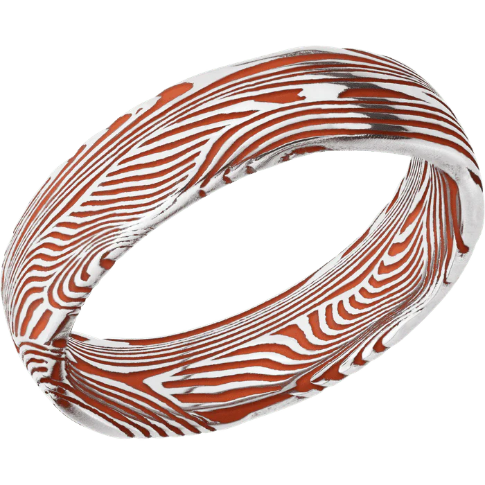 6mm wide Domed Sunset Damascus Steel Ring with Polish Kuro Damascus Finish / Hunter Orange Cerakote Cerakote Grooves