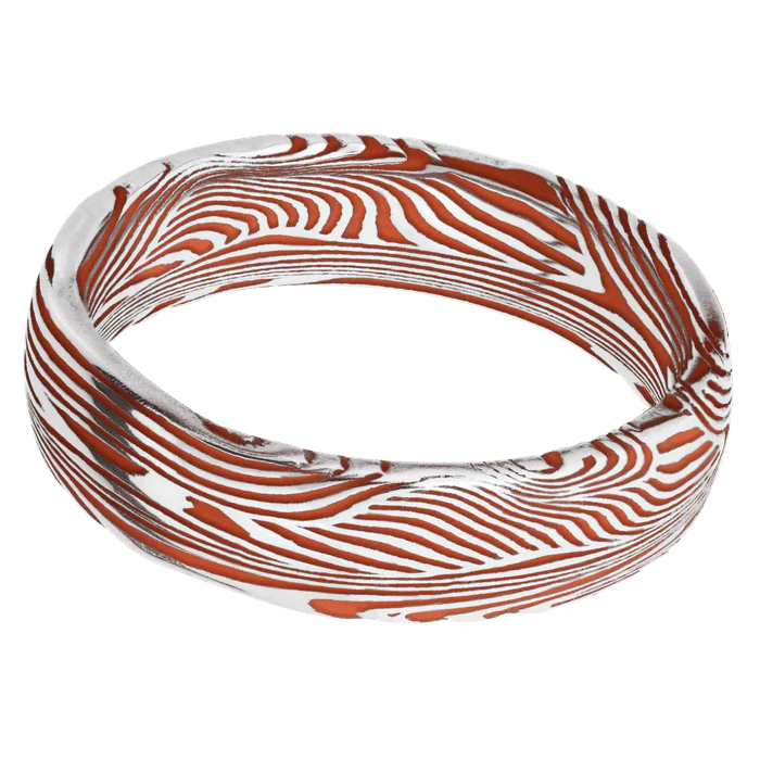 6mm wide Domed Sunset Damascus Steel Ring with Polish Kuro Damascus Finish / Hunter Orange Cerakote Cerakote Grooves - Image 3