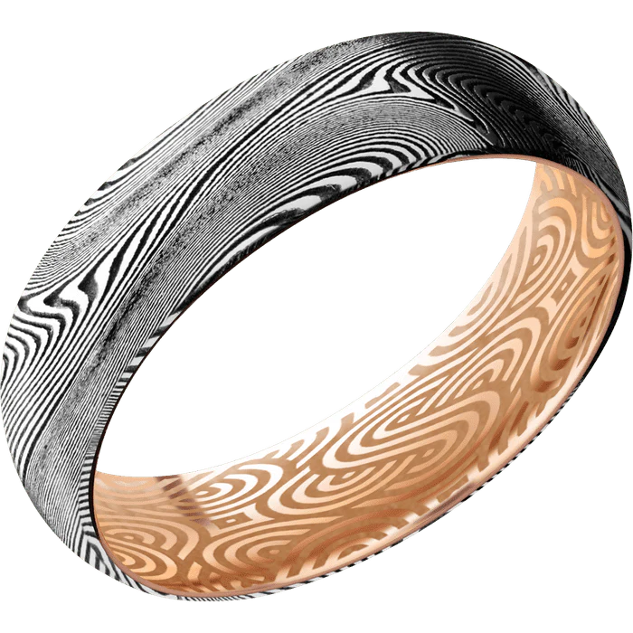 6mm wide Domed Tightweave Damascus Steel Ring with Tumble Kuro Damascus Finish / 14k Rose Gold Sleeve / None Interior Pattern