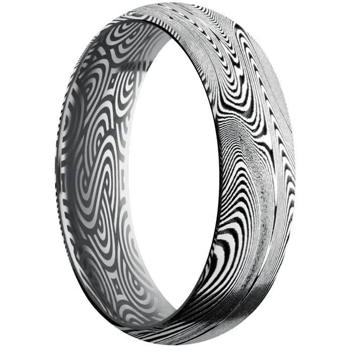 6mm wide Domed Tightweave Damascus Steel Ring with Tumble Kuro Damascus Finish / Tantalum Sleeve / None Interior Pattern - Image 2