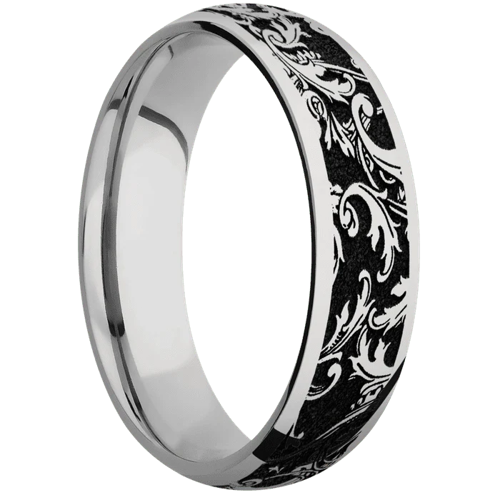 6mm wide Domed Titanium Ring with Polish Finish / Black Leaf Design - Image 2
