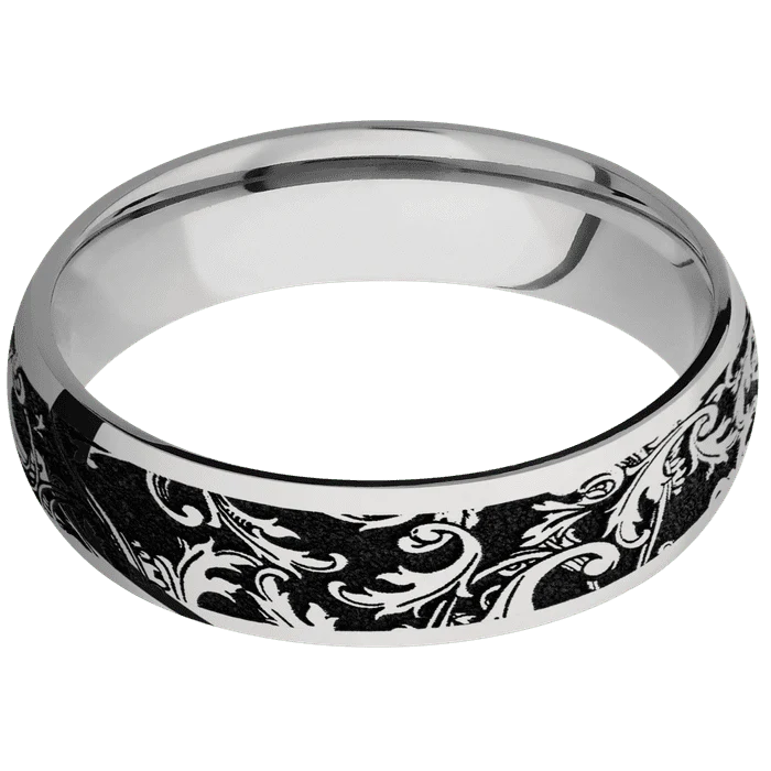 6mm wide Domed Titanium Ring with Polish Finish / Black Leaf Design - Image 3