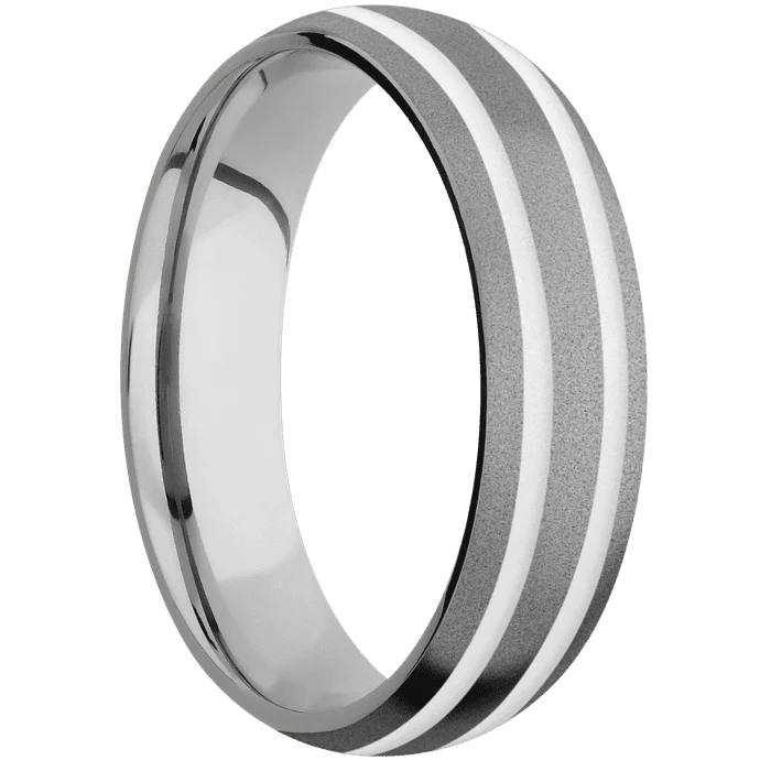 6mm wide Domed Titanium Ring with Sand Blast Finish / Two 1mm Centered Snow White Cerakote Inlay - Image 2