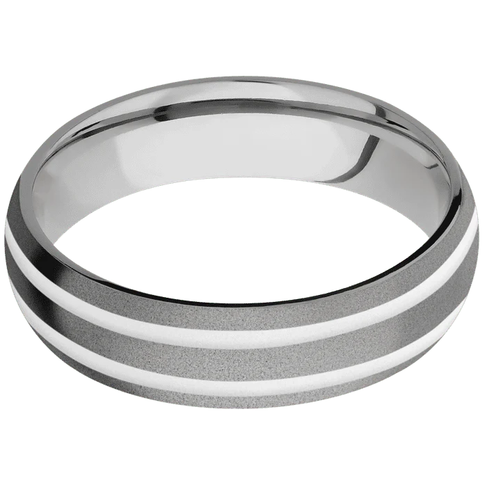 6mm wide Domed Titanium Ring with Sand Blast Finish / Two 1mm Centered Snow White Cerakote Inlay - Image 3