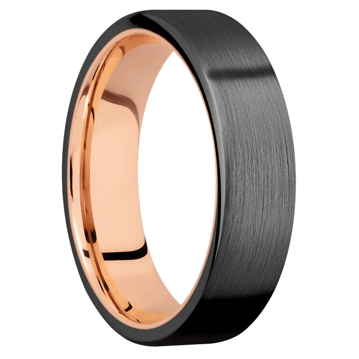 6mm wide Flat Black Titanium Ring with Satin Finish / 14k Rose Gold Sleeve - Image 2