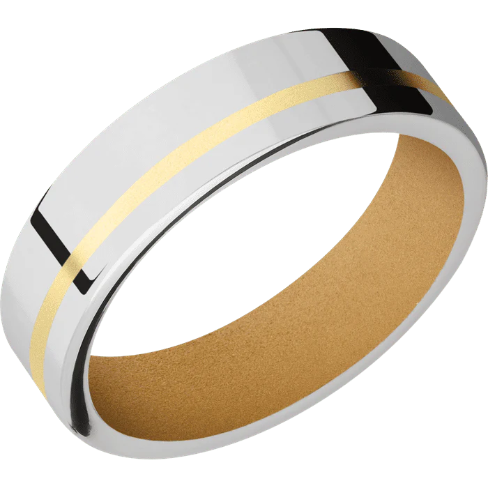 6mm wide Flat Cobalt Chrome Ring with Polish Finish / One 1mm Off Center 14k Yellow Gold Inlay with Bead Blast Finish / Gold Cerakote Sleeve