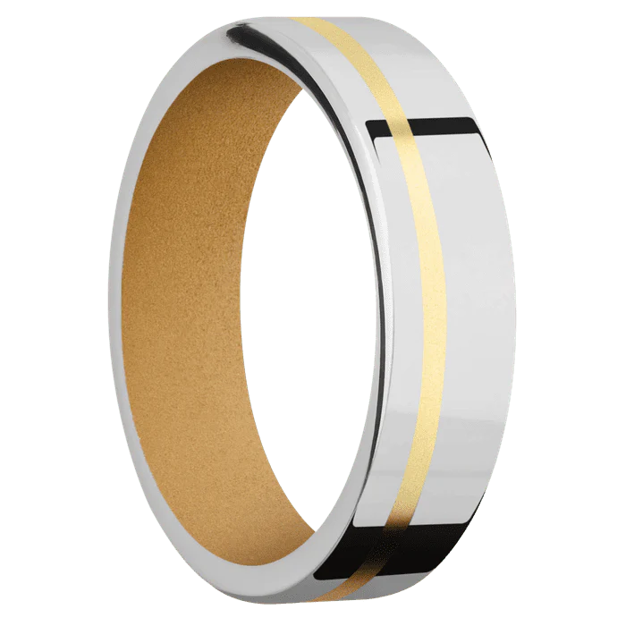 6mm wide Flat Cobalt Chrome Ring with Polish Finish / One 1mm Off Center 14k Yellow Gold Inlay with Bead Blast Finish / Gold Cerakote Sleeve - Image 2