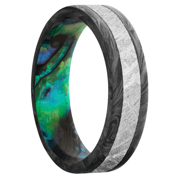 6mm wide Flat Forged Carbon Fiber Ring / One 3mm Centered Meteorite Inlay / Abalone Sleeve - Image 2