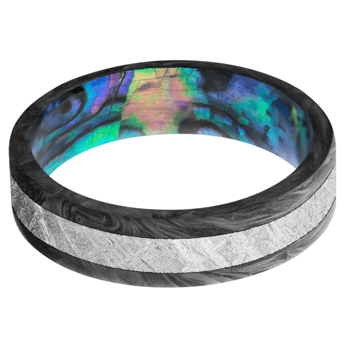 6mm wide Flat Forged Carbon Fiber Ring / One 3mm Centered Meteorite Inlay / Abalone Sleeve - Image 3