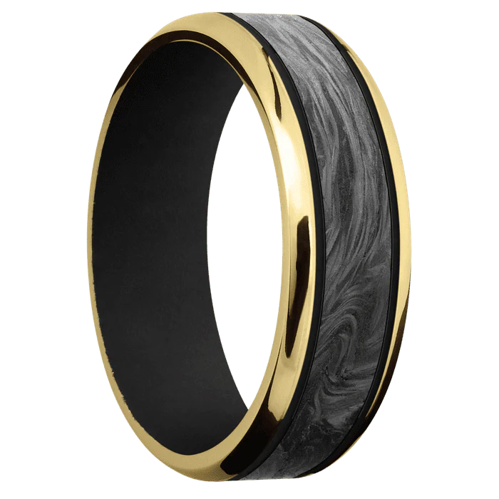 7mm wide Beveled 18k Yellow Gold Ring with Polish Finish / One 4mm Centered Forged Carbon Fiber Inlay and Black Cerakote Accents / Black Cerakote Sleeve - Image 2