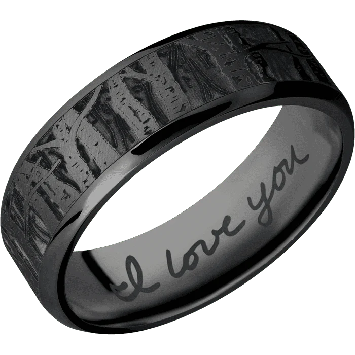 7mm wide Beveled Black Titanium Ring with Angle Satin Finish / Aspen Design / None Interior Pattern