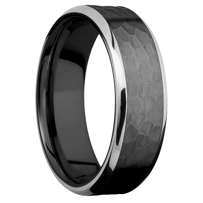 7mm wide Beveled Black Titanium Ring with Hammer Finish / Two 1mm Edge Palladium Silver Inlay with Polish Finish - Image 2