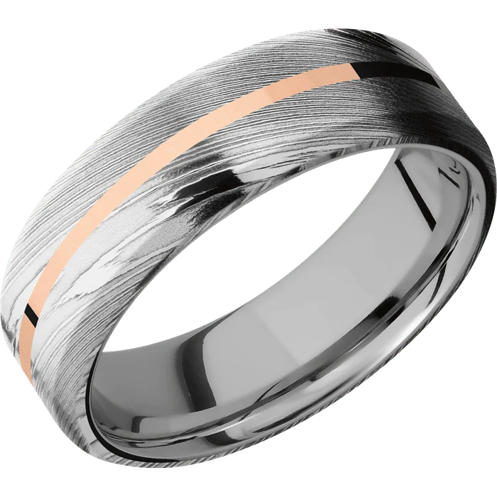 7mm wide Beveled Damascus Steel Ring with Polish Damascus Finish / One 1mm Centered 14k Rose Gold Inlay with Polish Finish / Titanium Sleeve