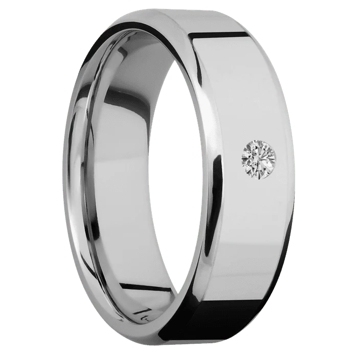7mm wide Beveled Palladium Silver Ring with Polish Finish / 1 Round .1 carat Lab Grown Diamond Flush-Set Gemstones - Image 2