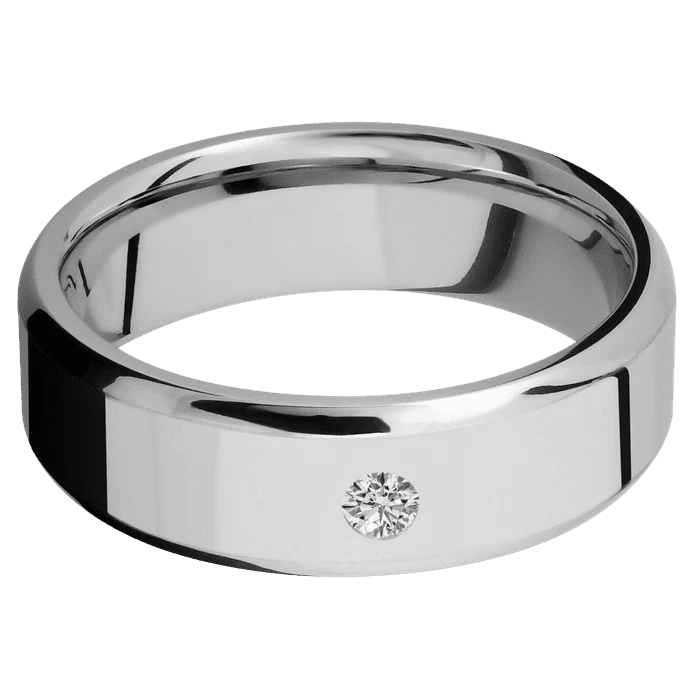 7mm wide Beveled Palladium Silver Ring with Polish Finish / 1 Round .1 carat Lab Grown Diamond Flush-Set Gemstones - Image 3