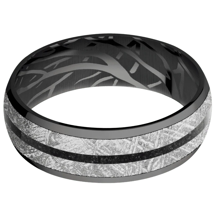 7mm wide Domed Black Titanium Ring with Polish Finish / One 5mm Centered Meteorite Inlay / One 1mm Centered Black Dinosaur Bone Inlay / None Interior Pattern - Image 3