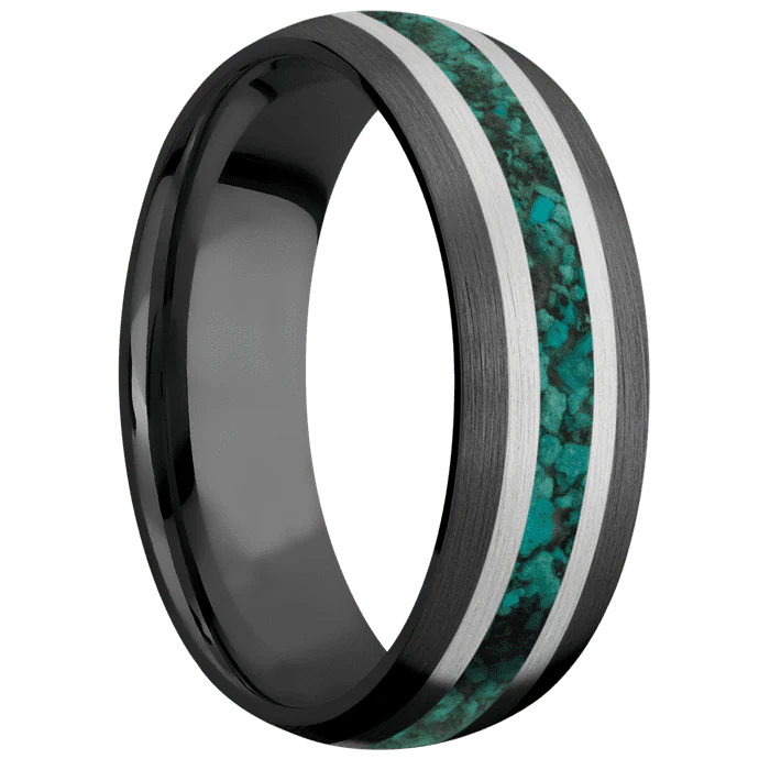 7mm wide Domed Black Titanium Ring with Satin Finish / One 4mm Centered Palladium Silver Inlay with Satin Finish / One 2mm Centered Chrysocolla Inlay - Image 2