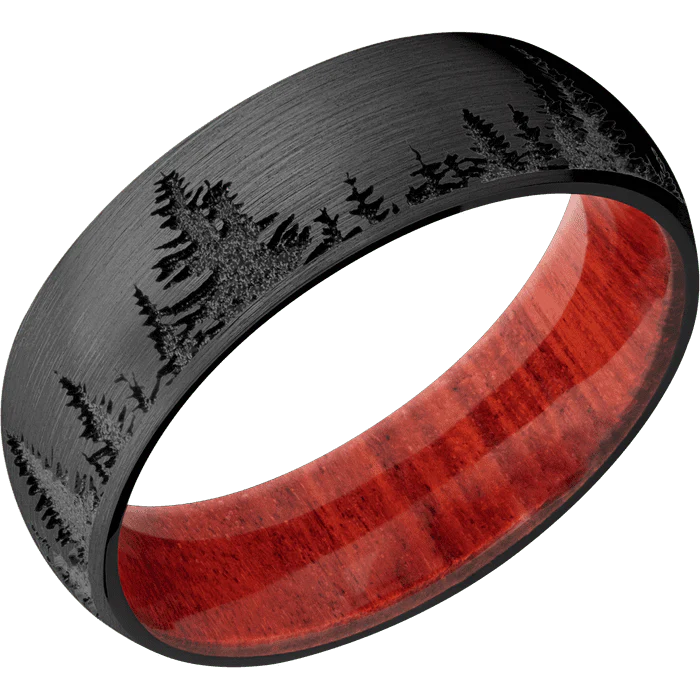 7mm wide Domed Black Zirconium Ring with Satin Finish / Trees Design / Red Heart Sleeve