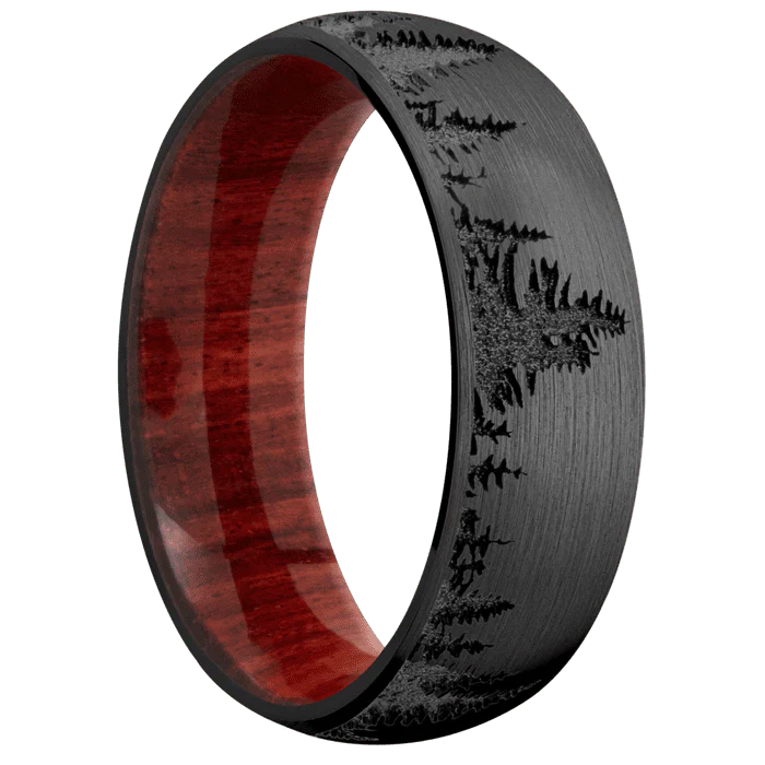 7mm wide Domed Black Zirconium Ring with Satin Finish / Trees Design / Red Heart Sleeve - Image 2