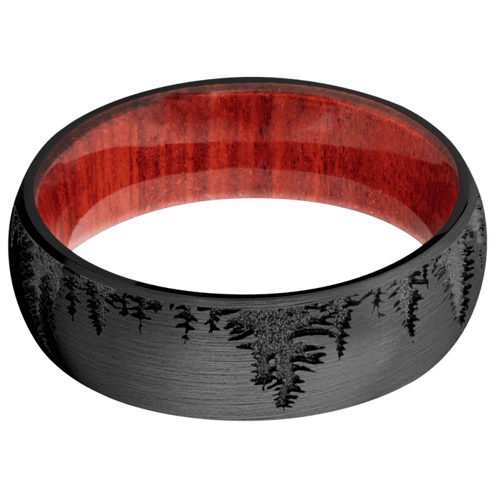 7mm wide Domed Black Zirconium Ring with Satin Finish / Trees Design / Red Heart Sleeve - Image 3