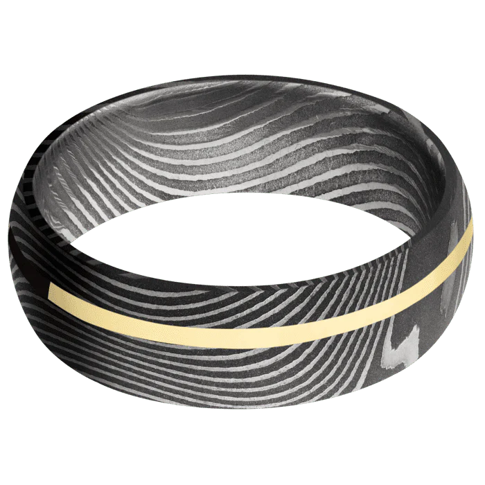 7mm wide Domed Flattwist Damascus Steel Ring with Acid Damascus Finish / One 1mm Off Center 14k Yellow Gold Inlay with Polish Finish - Image 3