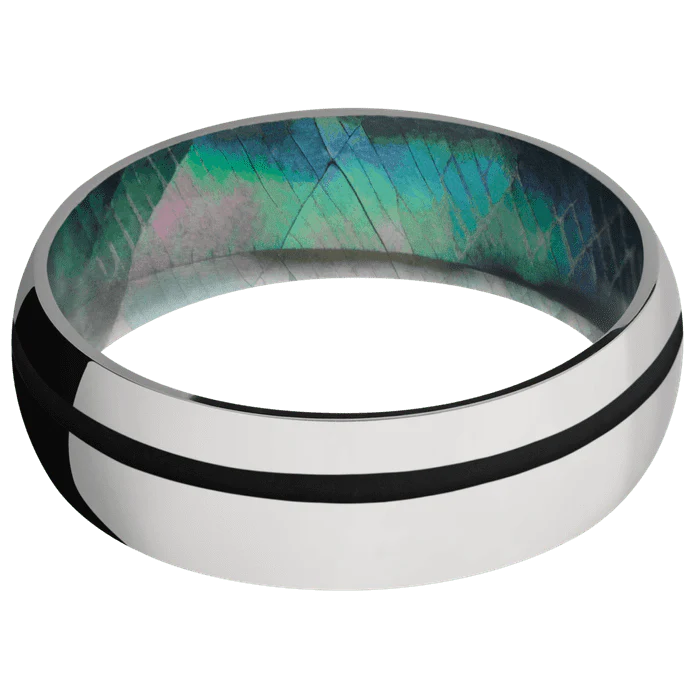 7mm wide Domed Titanium Ring with Polish Finish / One 1mm Off Center Black Cerakote Inlay / Black Mother of Pearl Sleeve - Image 3