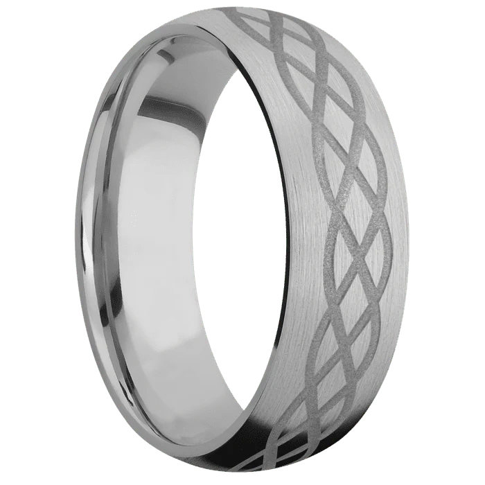 7mm wide Domed Titanium Ring with Satin Finish / Celtic 6 Design and Crushed Silver Cerakote Accents - Image 2