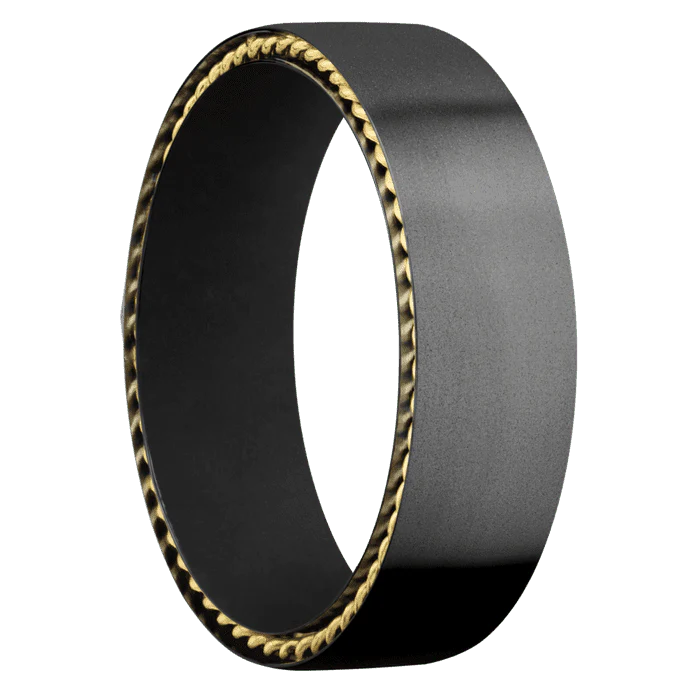 7mm wide Flat Black Titanium Ring with Bead Blast Finish / Two 1mm Sidebraid 14k Yellow Gold Inlay with Polish Finish / Black Cerakote Sleeve - Image 2