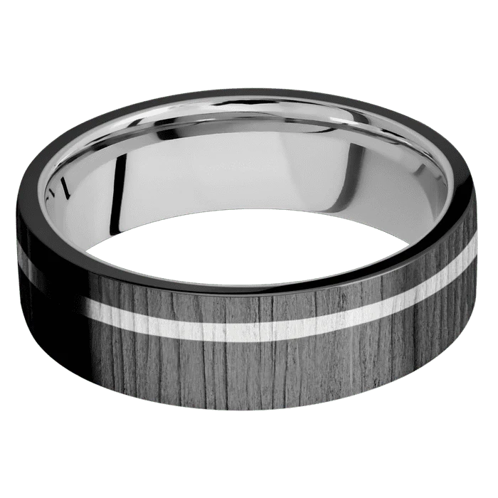 7mm wide Flat Black Zirconium Ring with Treebark 1 Finish / One 1mm Off Center 14k White Gold Inlay / 14k White Gold Sleeve - Image 3