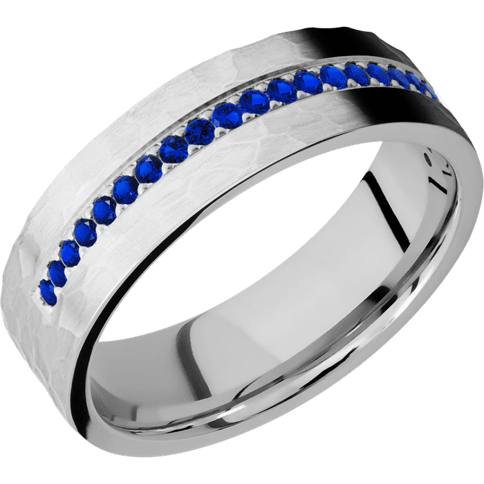 7mm wide Flat Cobalt Chrome Ring with Hammer Finish / Half Eternity Round .015 carat Sapphire Bead-Set Gemstones