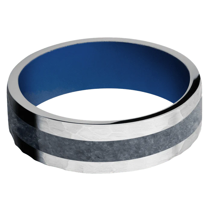 7mm wide Flat Cobalt Chrome Ring with Hammer Finish / One 3mm Centered Blue Sapphire Inlay / Royal Blue Cerakote Sleeve - Image 3