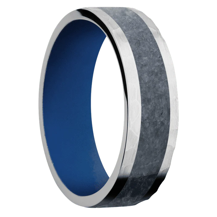 7mm wide Flat Cobalt Chrome Ring with Hammer Finish / One 4mm Centered Blue Sapphire Inlay / Royal Blue Cerakote Sleeve - Image 2