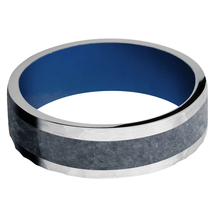 7mm wide Flat Cobalt Chrome Ring with Hammer Finish / One 4mm Centered Blue Sapphire Inlay / Royal Blue Cerakote Sleeve - Image 3