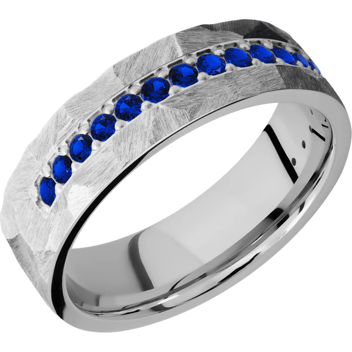 7mm wide Flat Cobalt Chrome Ring with Rock Finish / Half Eternity Round .03 carat Sapphire Bead-Set Gemstones
