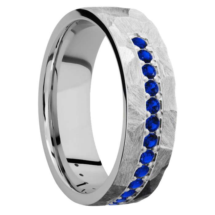 7mm wide Flat Cobalt Chrome Ring with Rock Finish / Half Eternity Round .03 carat Sapphire Bead-Set Gemstones - Image 2