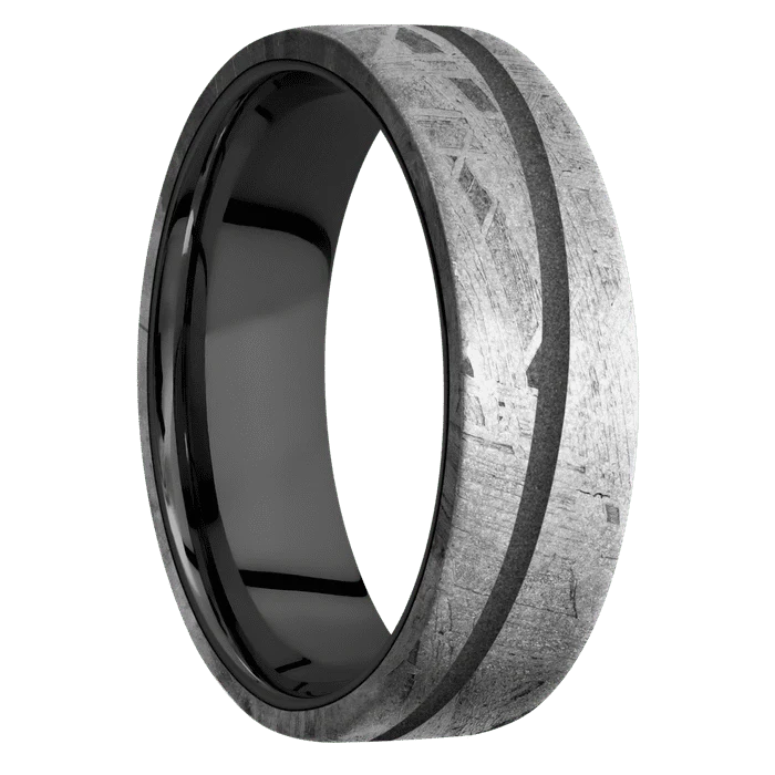 7mm wide Flat Meteorite Ring / One 1mm Angled Gun Metal Grey Cerakote Inlay / Black Zirconium Sleeve - Image 2