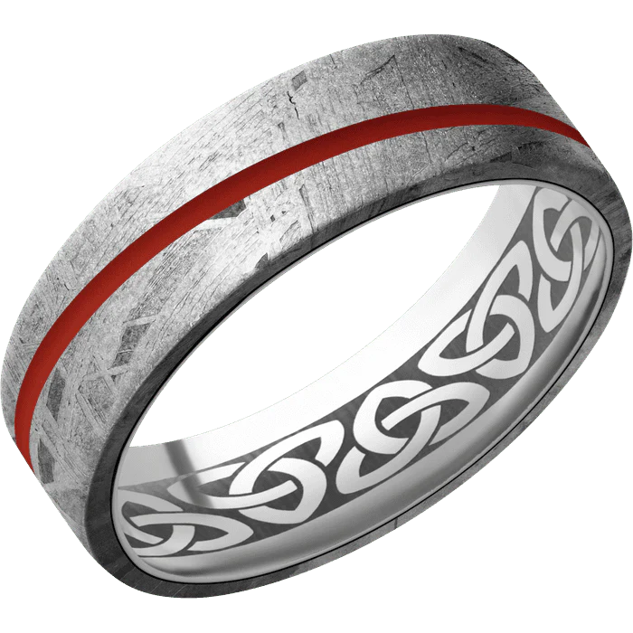 7mm wide Flat Meteorite Ring / One 1mm Angled Red Apple Cerakote Inlay / Titanium Sleeve / None Interior Pattern