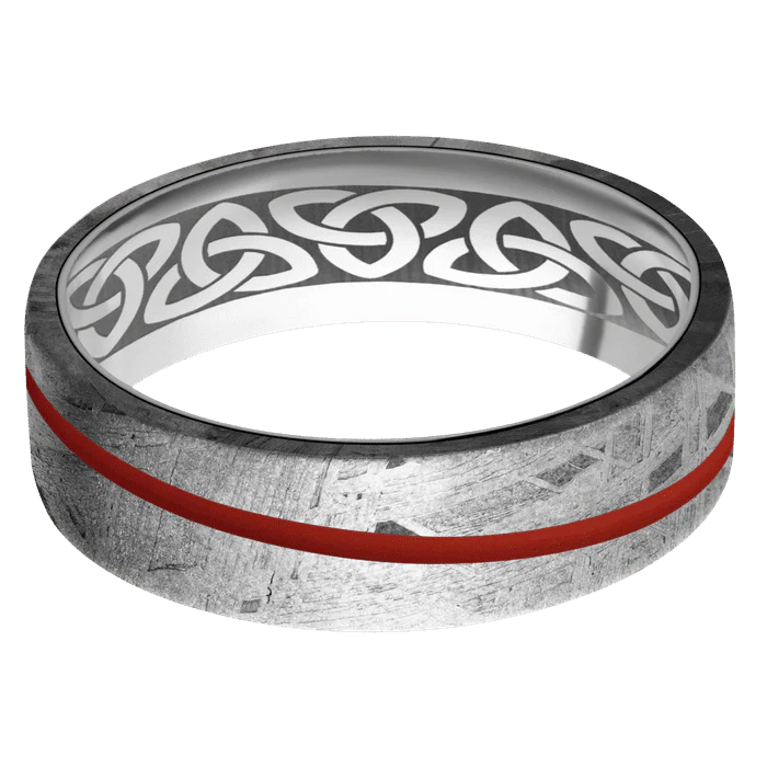 7mm wide Flat Meteorite Ring / One 1mm Angled Red Apple Cerakote Inlay / Titanium Sleeve / None Interior Pattern - Image 3