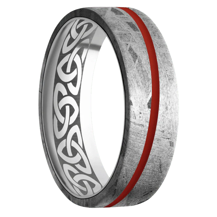 7mm wide Flat Meteorite Ring / One 1mm Angled Red Apple Cerakote Inlay / Titanium Sleeve / None Interior Pattern - Image 2
