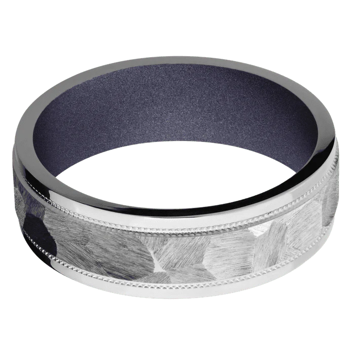 7mm wide Flat Stepped Edges Milgrain Titanium Ring with Rock Finish / Crushed Orchid Cerakote Sleeve - Image 3