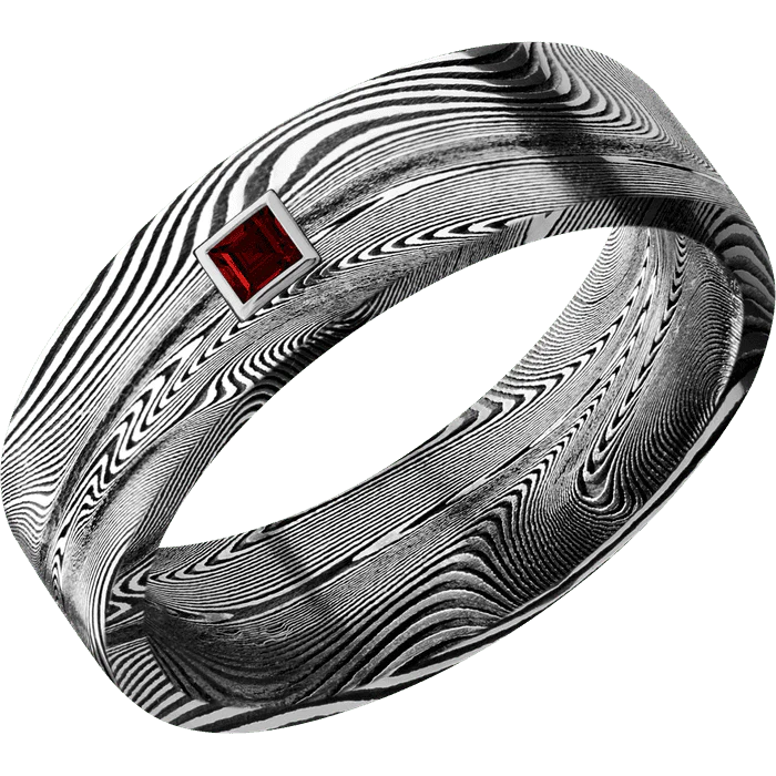 7mm wide Flat Tightweave Damascus Steel Ring with Tumble Kuro Damascus Finish / 1 Princess .1 carat Dark Ruby Bezel-Set Gemstones